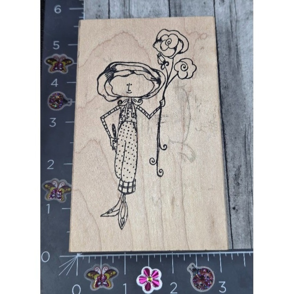 Stampotique Woman Lady Sketched Flower Bouqet 2001 Rubber Stamp Wood #F7